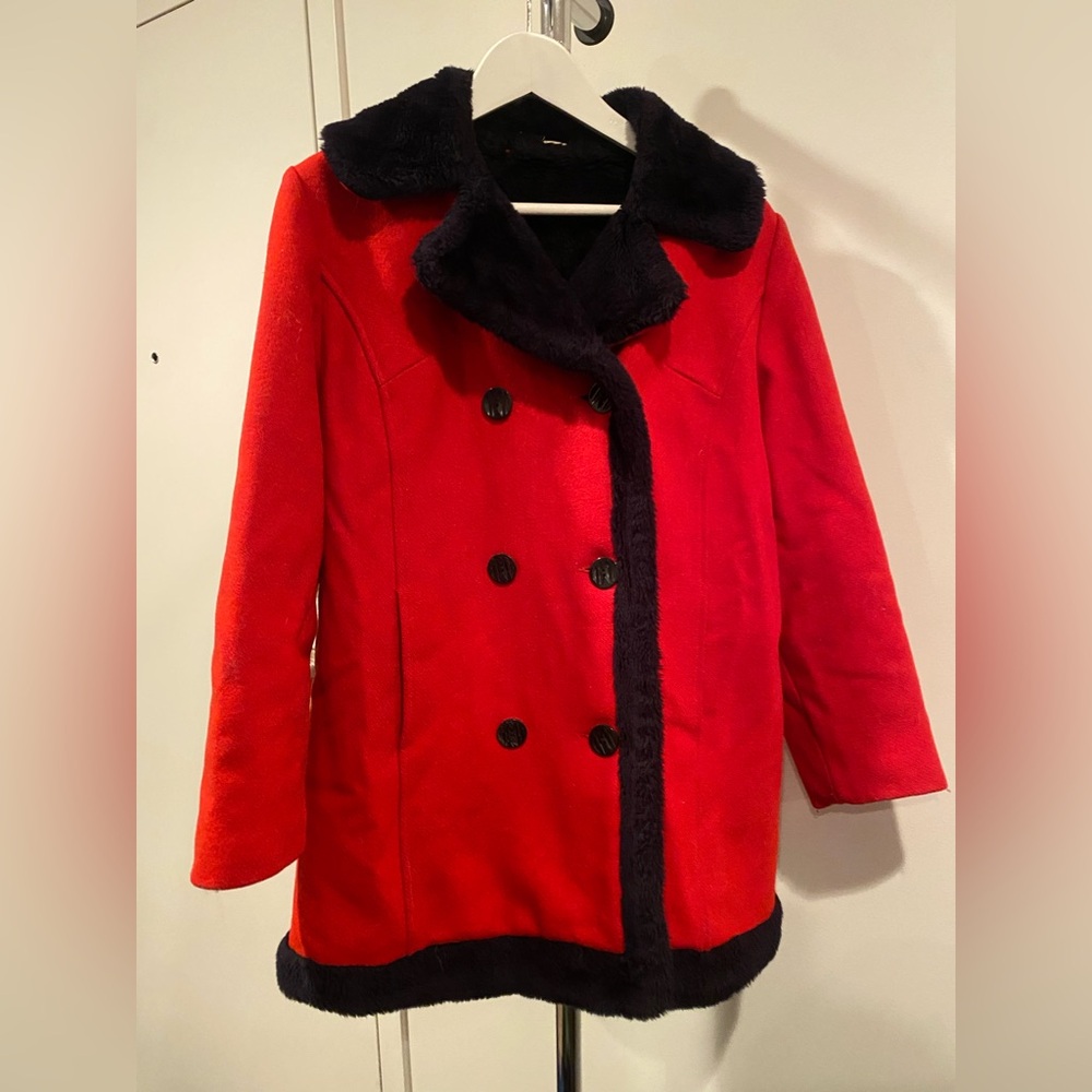 Red Double-Breasted Coat with Black Trim